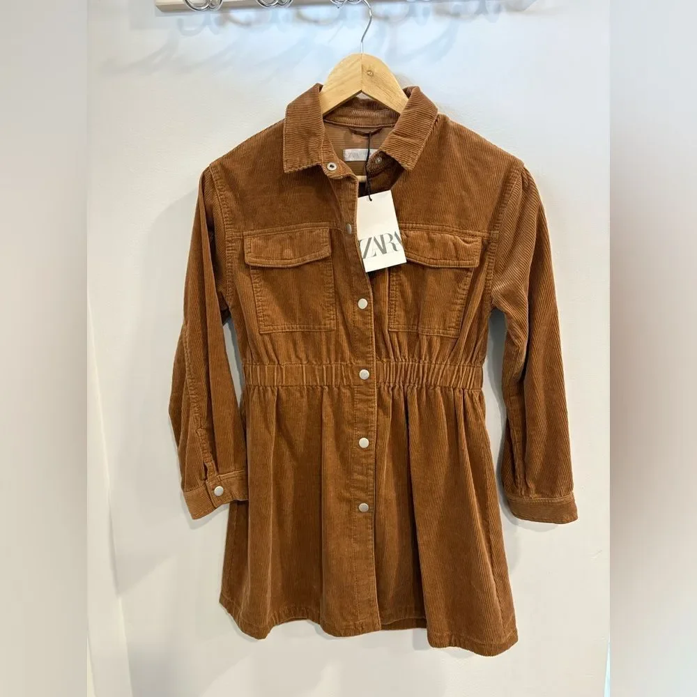 Zara Girls Corduroy Snap Button-Front Dress Jacket in Camel Brown